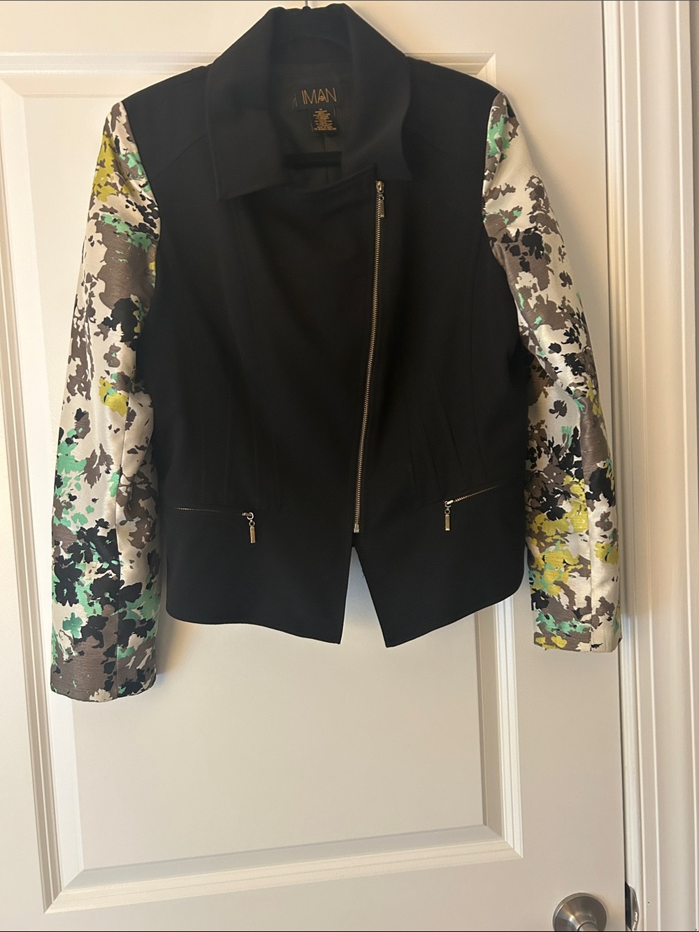 IMAN Black Blazer with Green & Yellow Floral-Print Sleeves